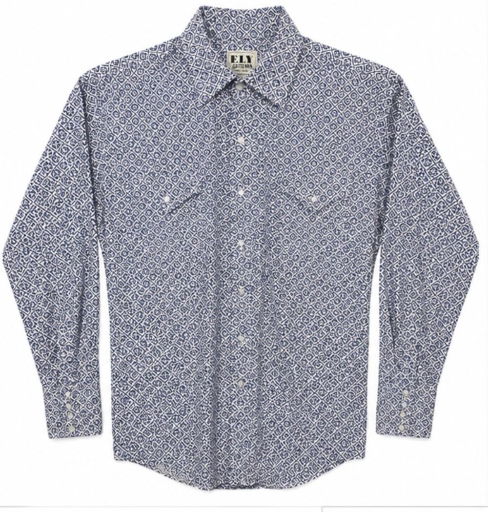 Ely Cattlemen Western Shirt Pearl Snap Button Up Blue White SZ L Rugged Classic
